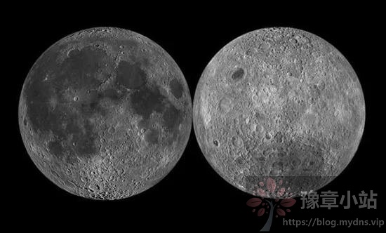  月球的正面（左）和背面（右）图，可以看出，月球背面的陨石坑明显多于月球正面，因此，月球可以说为了地球的安危“挨了”不少的陨石撞击。